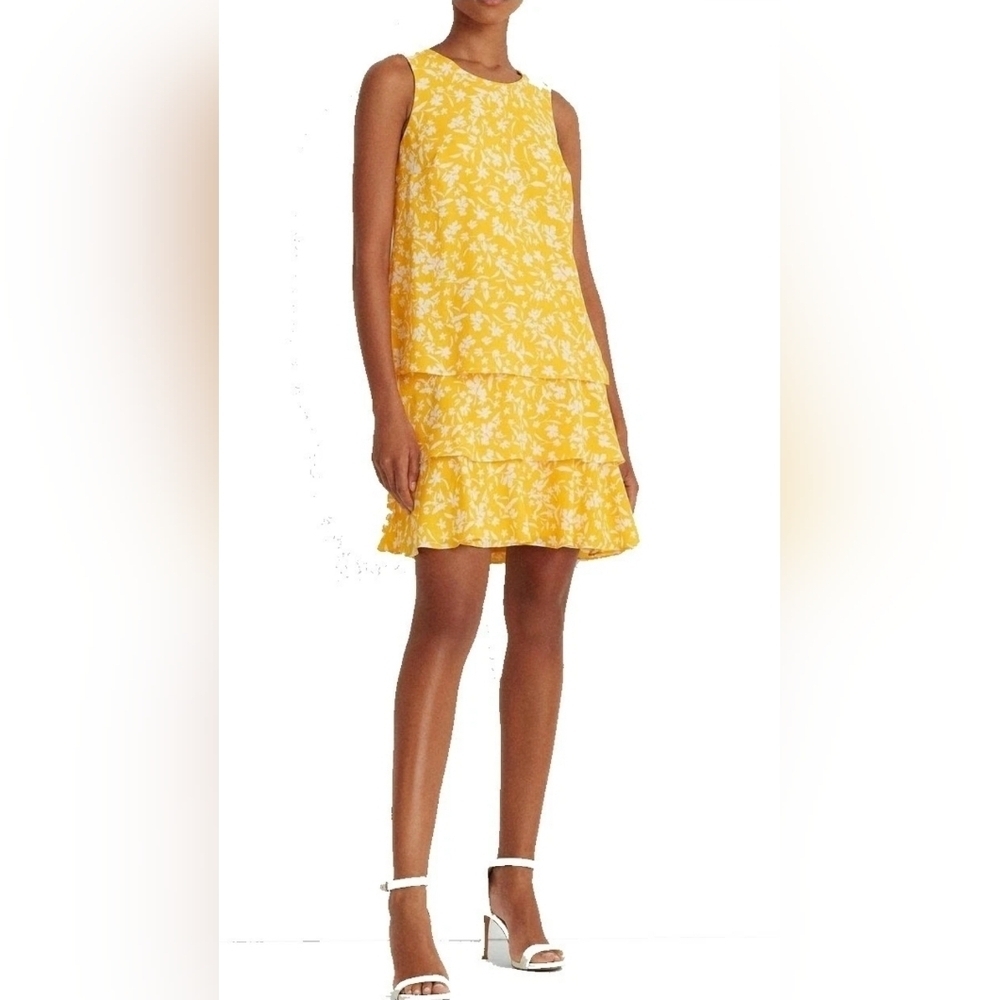 RALPH LAUREN SZ 4P Petite Womens Yellow Layered Print Sleeveless Shift Dress